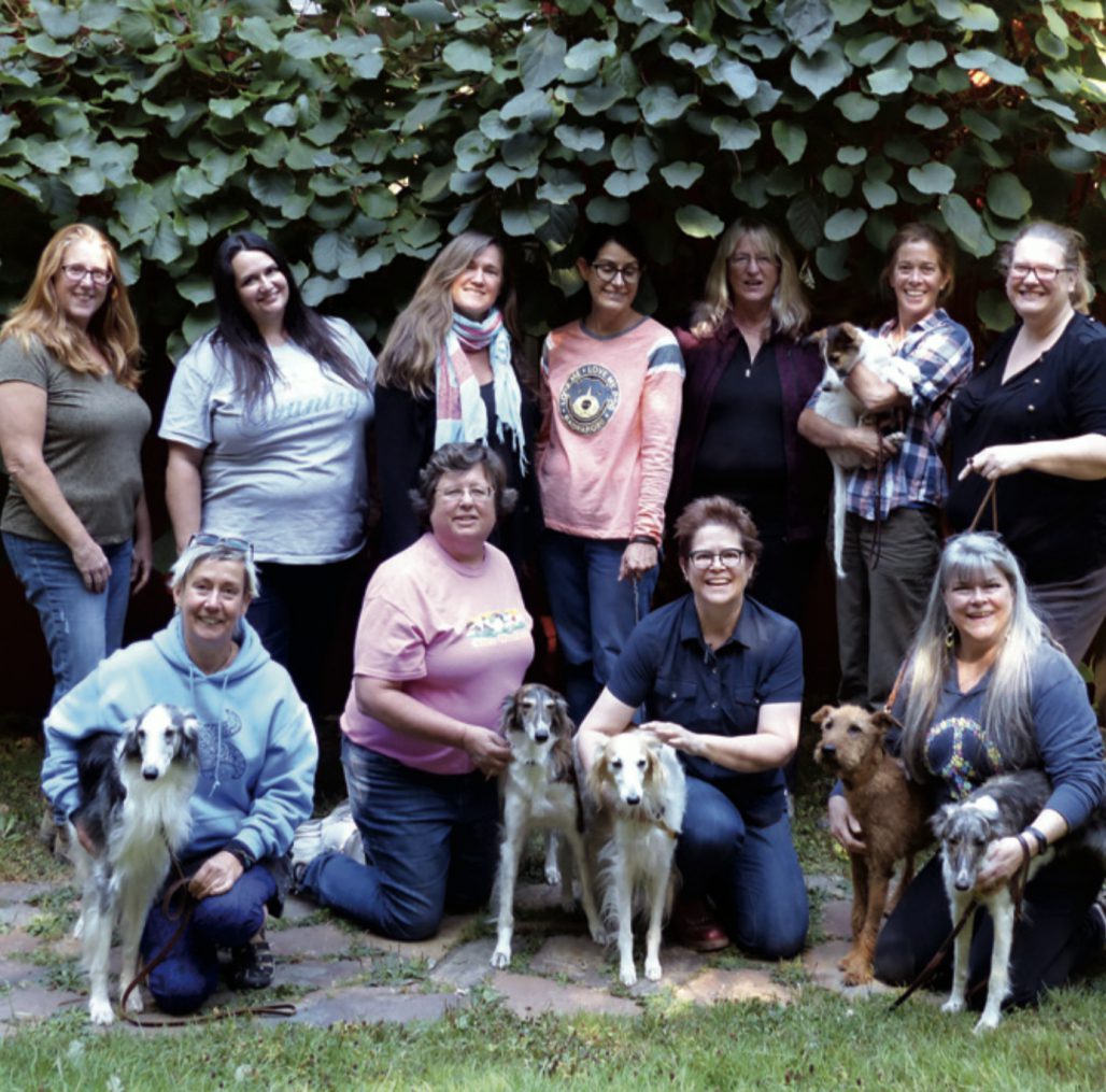 group photo of staff, many of whom are holding dogs
